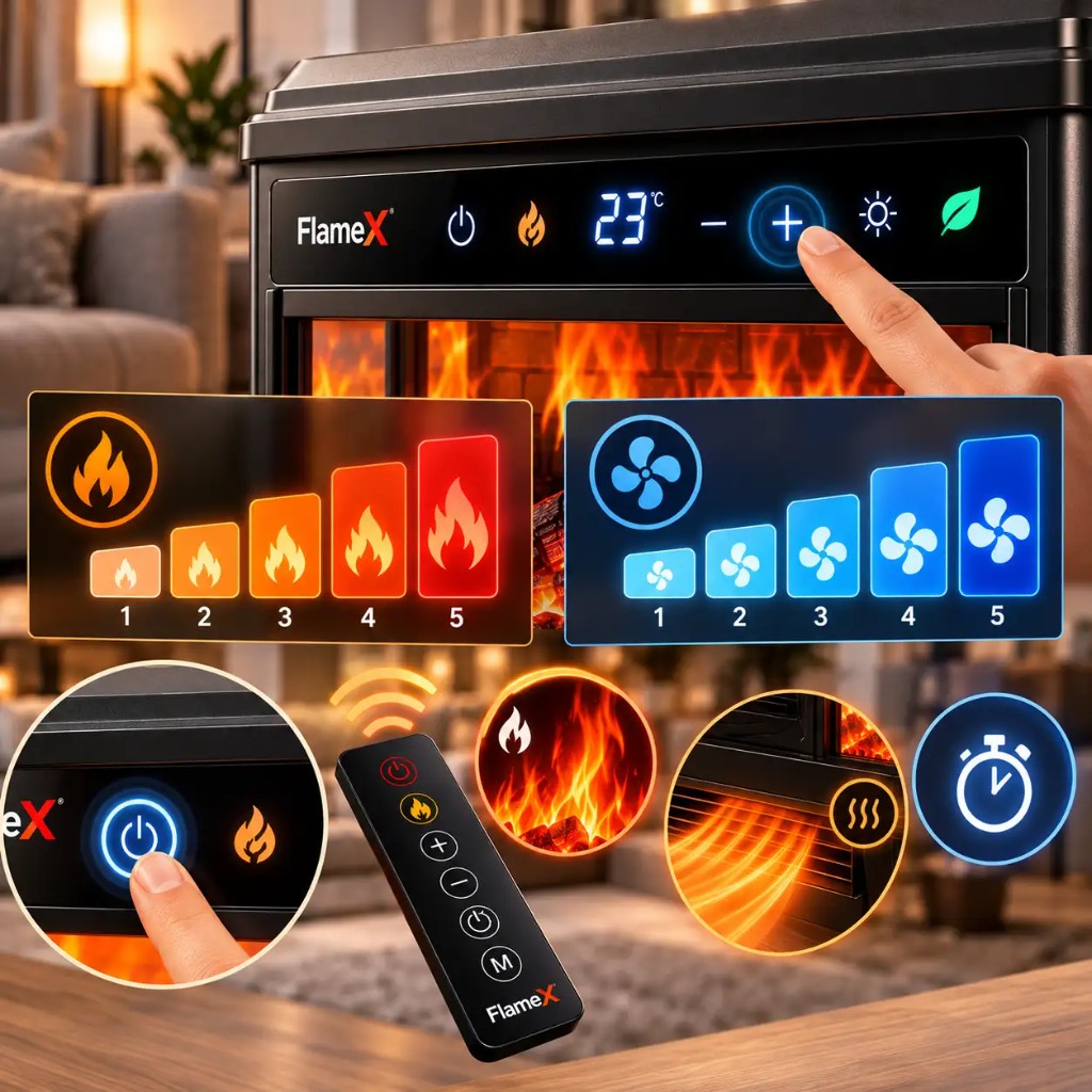 FlameX — 5 poziomów ciepła i nawiewu powietrza, sterowanie touch i pilot
