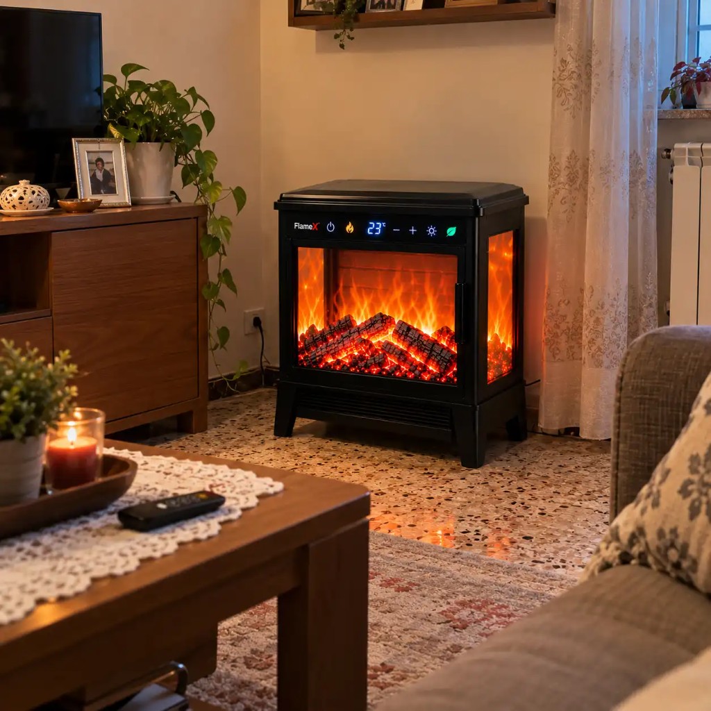 FlameX w salonie z pilotem i efektem kominka LED