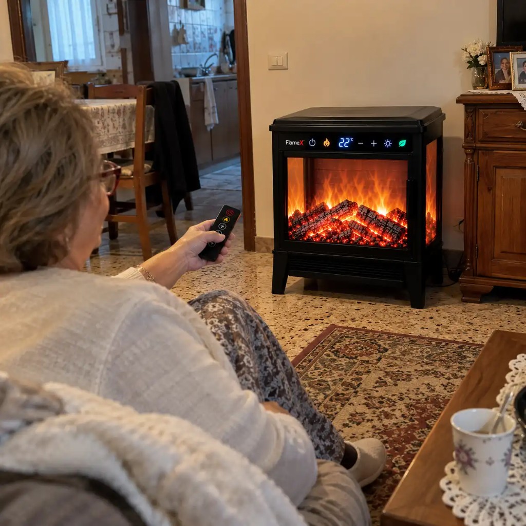Klient używa FlameX z pilotem w salonie