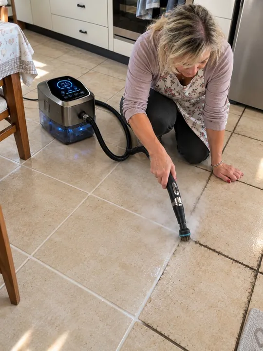 Cliente limpa juntas do chão na cozinha com escova a vapor ProVapor