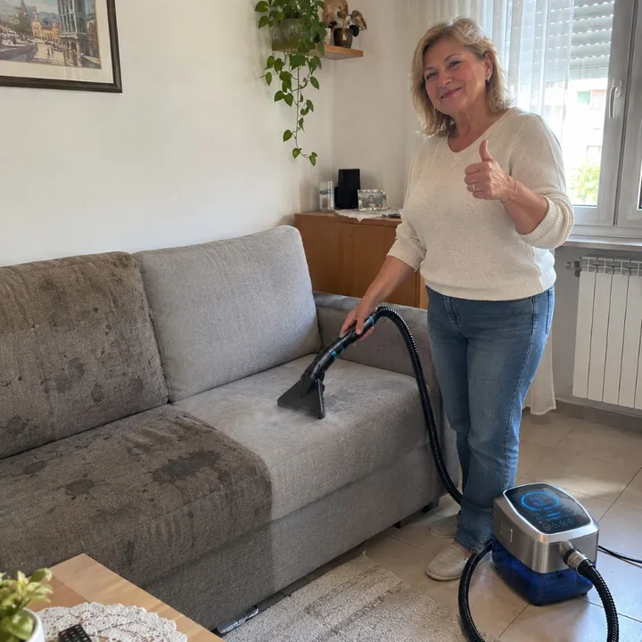 Cliente limpa sofá de tecido com ProVapor e lança de vapor